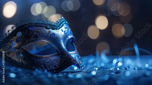 Venetian Masquerade Mask with Glistering Blue Bokeh Lights Perfect for Any Carnival Festival or Traditional Event: Generative AI