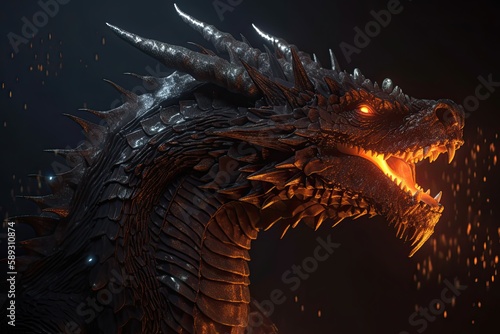 Warrior of Mythology: An Ancient Dragon with Burning Eyes Depicted in a Dark Background Silhouette, Generative AI © AIGen