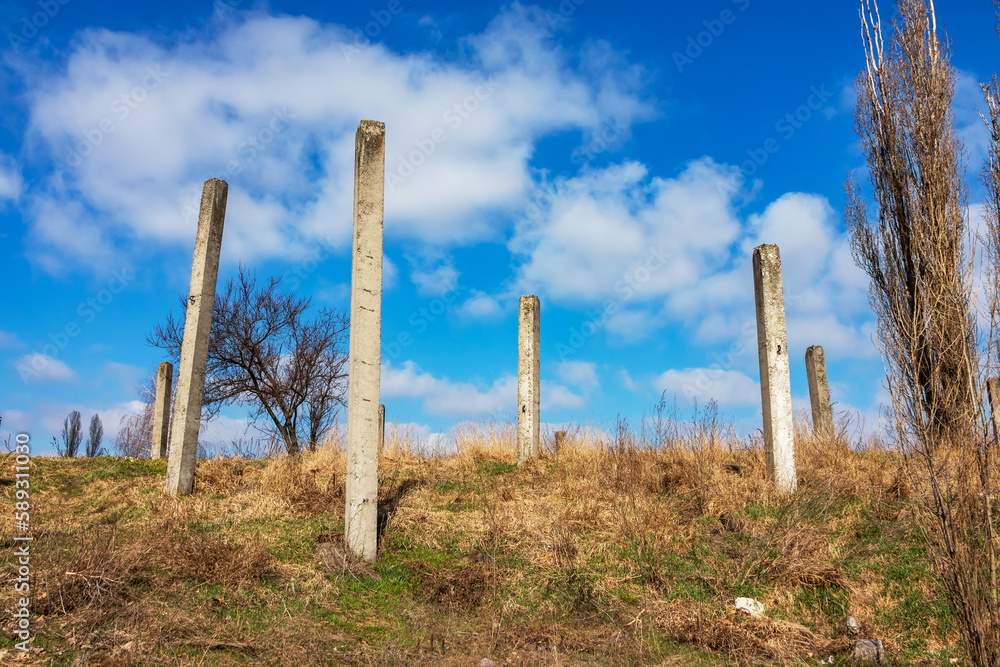 Fototapeta premium High iron concrete pillars in nature on a sunny day. Abandoned construction site. Unfinished house or other architectural structure