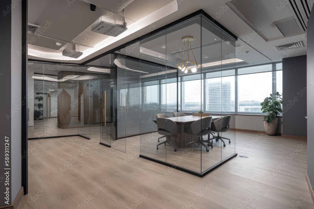 Modern office interior design . Contemporary workspace for creative business. Peculiar AI generative image Modern office interior design . Contemporary workspace for creative business. Peculiar AI generative image
