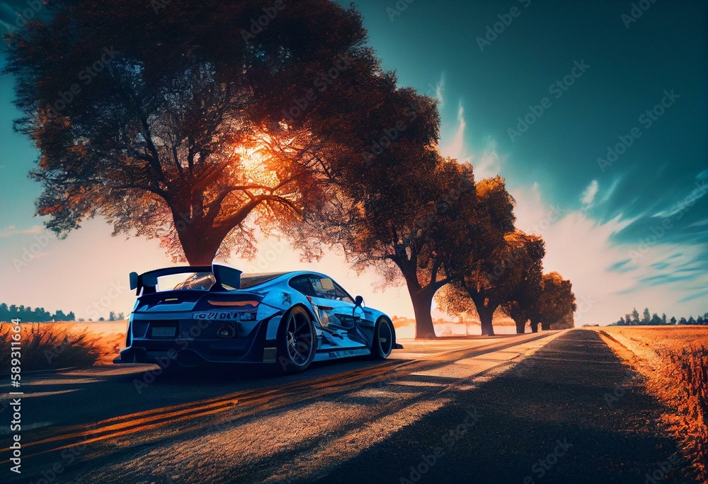 a blue race car driving down a road with a sun in the sky behind it and trees on the other side of the road and a blue sky. generative ai