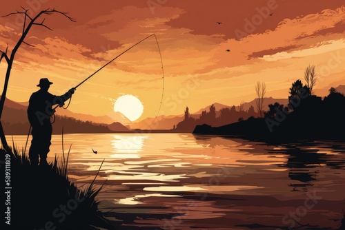 Silhouette of a fisherman fishing at sunset near the river. Generative ai.