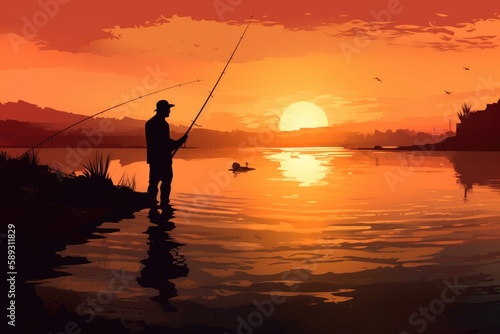 Silhouette of a fisherman fishing at sunset near the river. Generative ai. © AiAgency