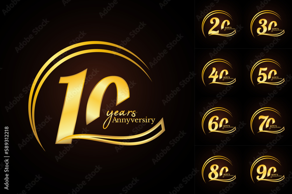 Anniversary golden luxury number emblem logo symbol vector graphic badge for a birthday, age, corporate business, wedding, certificate, year, event - obrazy, fototapety, plakaty 