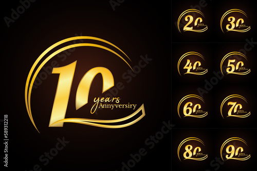Anniversary golden luxury number emblem logo symbol vector graphic badge for a birthday, age, corporate business, wedding, certificate, year, event