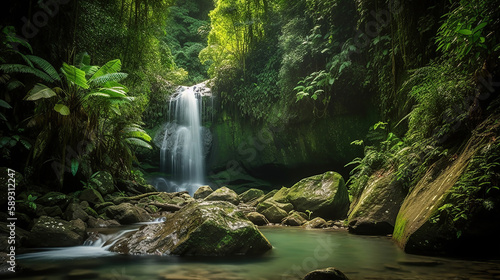 The magnificent waterfall cascades down from the steep cliffs and plunges into a crystal-clear pool below. Generative Ai