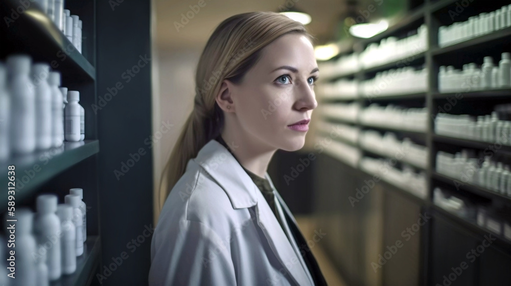 Woman pharmacist working at drugstore. Beautiful blonde woman in a white medical gown. Doctor specializing in medicines. Healthcare, work at hospital, pharmaceuticals concept. Generative AI