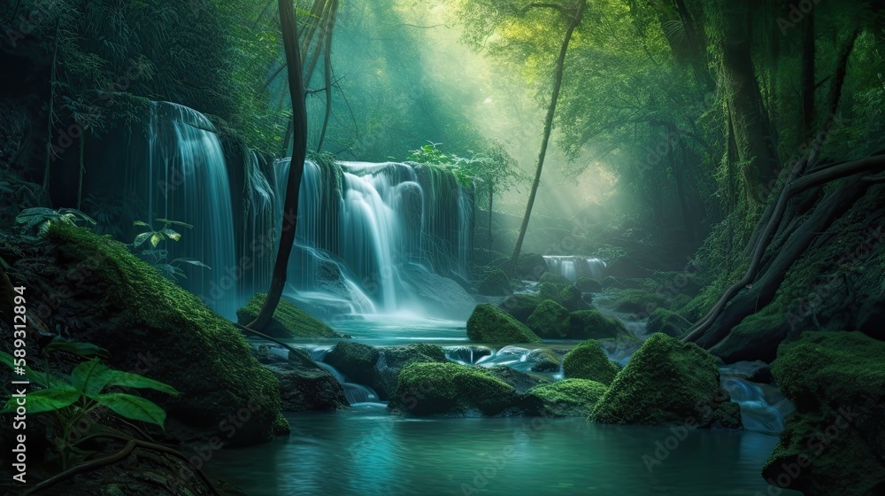 Fantastical Dreamscape: A Huge, Magical Waterfall in a Lush Rainforest to Fuel Your Imagination. Generative AI
