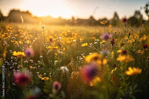 A Beautiful Summer in Nature - Field of Wildflowers, Green Grass, and Sun Rays, Generative AI © AIGen
