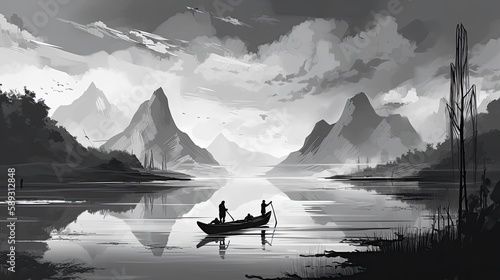 Adventures of Two Boys Fishing on the Lake: An Acrylic Painting of a Fantasy Horizon Scene with Artistic Brushwork and Sailboat Silhouettes. Generative AI