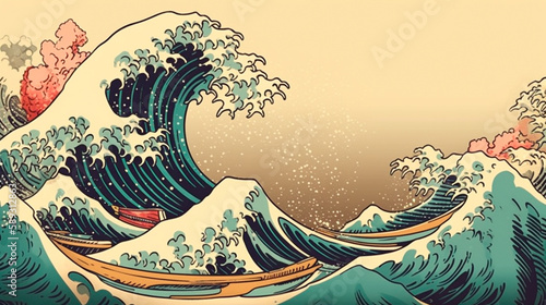 A great ocean wave in japanese style. Generative AI photo