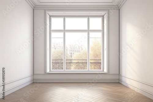 Blank Picture Frame Enhances Interior of Empty White Room with Window Mockup  Generative AI