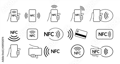 Set NFC wireless payment technology icon, contactless payment, credit card tap pay wave logo, near field communication sign, contactless pay pass fast payment symbol, smart key card contact nfc icon. photo