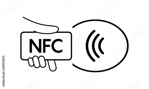 NFC technology. Hand holding Phone. Contactless wireless pay sign logo. Near Field Communication nfc payment concept. Contact less. NFC payment with mobile phone. Credit card. Vector icon.