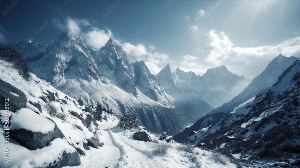 Winter Wonderland: Majestic Mountain Peaks Draped in Snowy Splendor, Generative AI