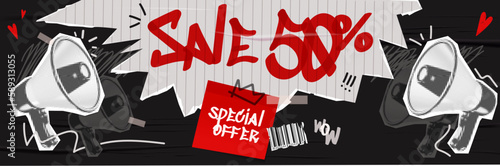 Vector collage grunge banner. 3d Loudspeaker announcing crazy promotions. Doodle elements on retro poster. Stylish modern advertising poster design with space for text.