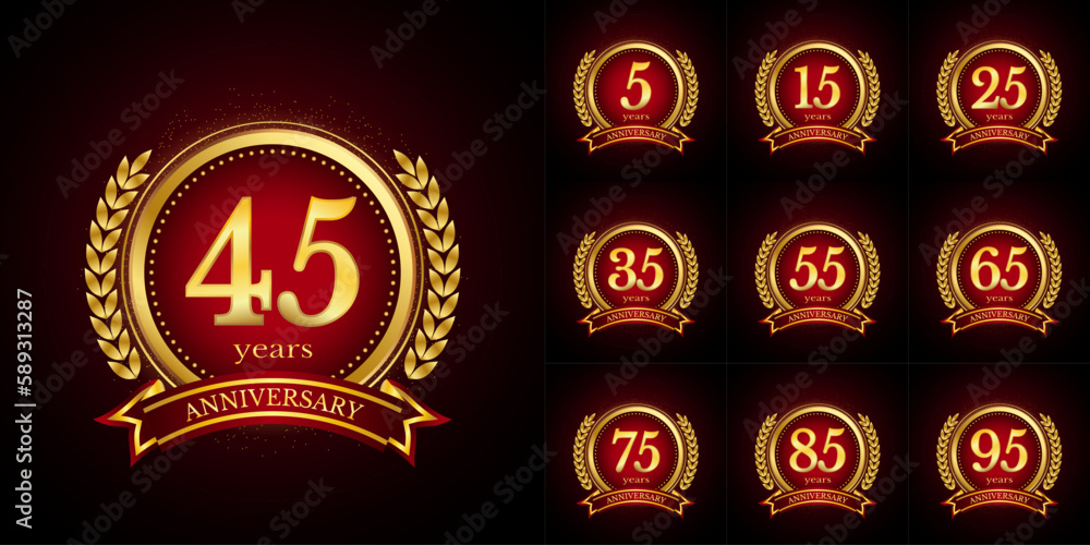 Anniversary golden luxury number emblem logo symbol vector graphic badge for a birthday, age, corporate business, wedding, certificate, year, event