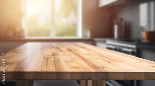 Empty wooden table on kitchen background. Illustration AI Generative © olegganko