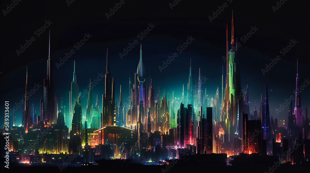 Futuristic Colored Skyscrapers at Night - generative ai