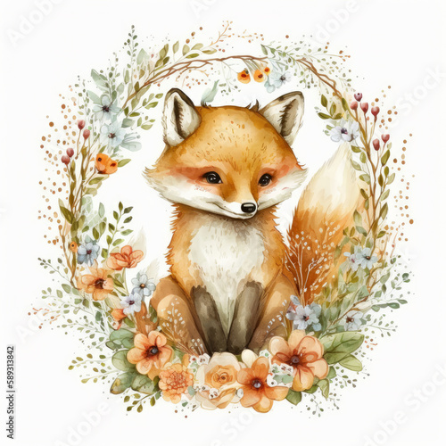 Cute watercolor fox. Illustration AI Generative © olegganko