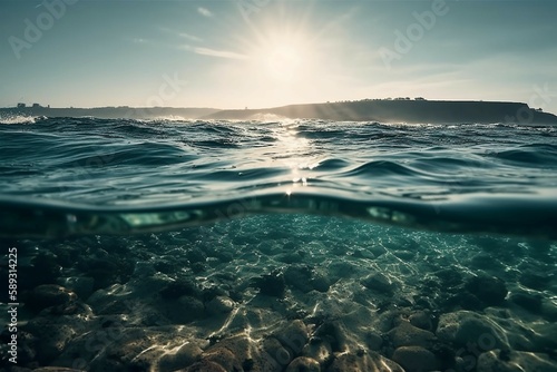 Sunlight shining ,the surface of the blue ocean, sea, with dark waters