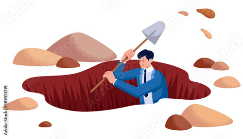 Businessman Digging Hole on White