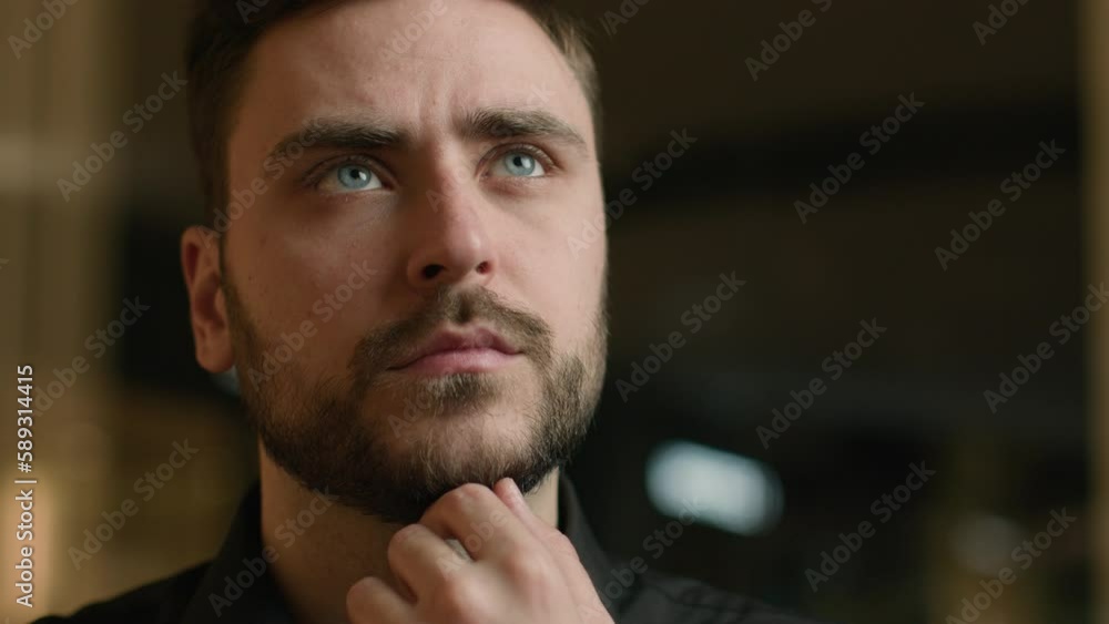 Close up thoughtful man think deep mind pensive male businessman pondering plan thought idea solve business solution brainstorming puzzled Caucasian guy thinking look aside hold hand on chin deciding Close up thoughtful man think deep mind pensive male businessman pondering plan thought idea solve business solution brainstorming puzzled Caucasian guy thinking look aside hold hand on chin deciding