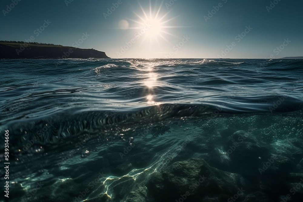 Sunlight shining ,the surface of the blue ocean, sea, with dark waters