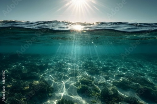 Sunlight shining ,the surface of the blue ocean, sea, with dark waters