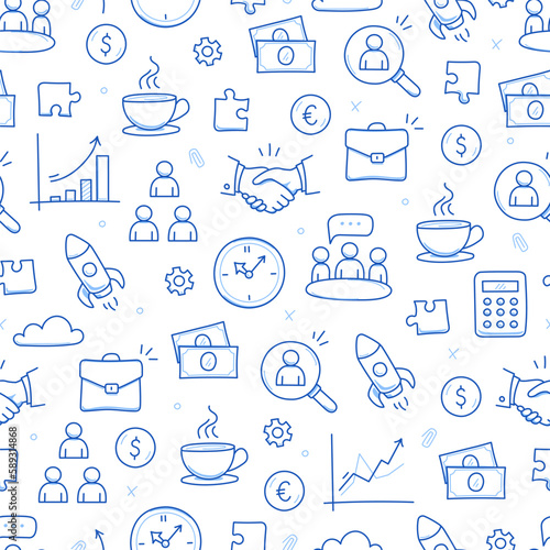 Business job icon doodle seamless pattern background. Business teamwork, office, career concept doodle line sketch style pattern with money, rocket, calculator element. Vector illustration