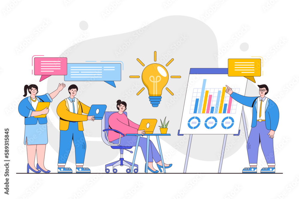 Group office workers have dialogue and communicate at workplace between colleagues. Coworking analyse and develop business strategy. Outline design style minimal vector illustration for landing page