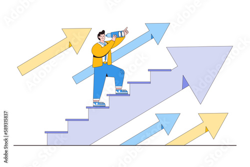 Businessman work finding ways to develop company and search vision path goal success with binoculars. Outline design style minimal vector illustration for landing page, web banner, hero images