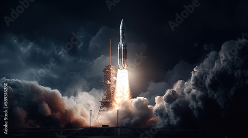 Illustration of rocket launch in the night created with Generative AI technology.
