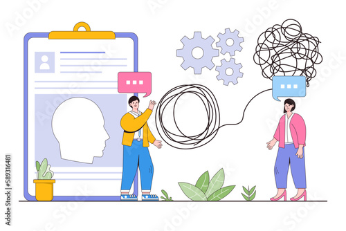 Psychotherapeutic practice mental health treatment concept. Psychiatrist unravels client tangle with mental disorder. Outline design style minimal vector illustration for landing page, hero images