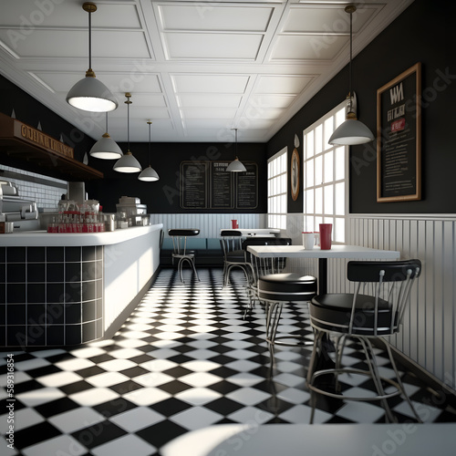 1950's dinner, white ceiling, black detailed, view on the counter and booths, AI generated 