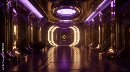 Travel through a Futuristic World of Antique Gold and Deep Purple with Award-Winning 8K Design, Shiny Walls, and Bionic Touches, Generative AI