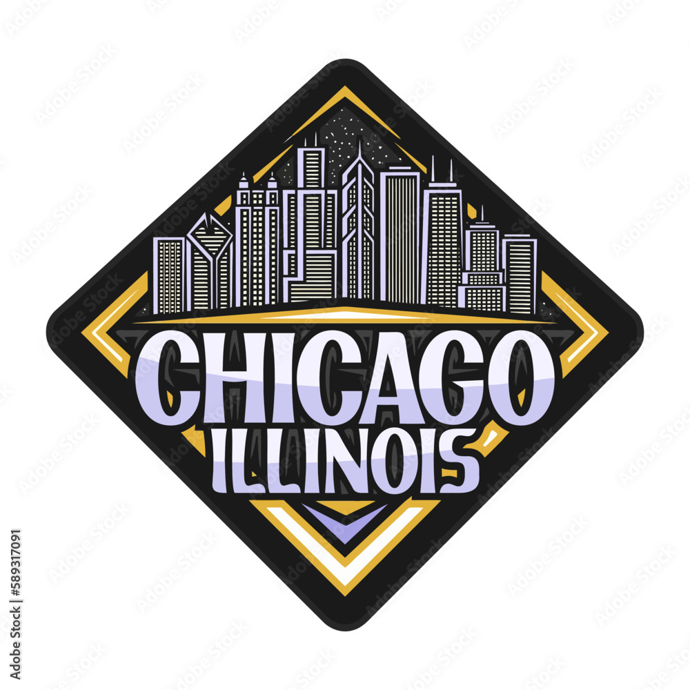 Chicago Skyline Landmark Flag Sticker Emblem Badge Travel Souvenir Illustration