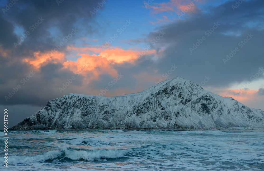 Winter alpine landscape in Lofoten Archipelago, Norway, Europe