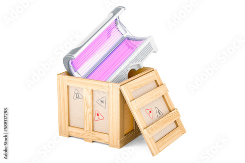 Schilderij op canvas Tanning Bed inside wooden box, delivery concept. 3D rendering