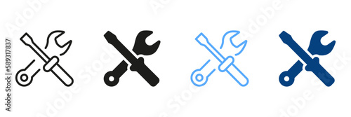 Tool Kit for Repair Symbol Collection. Toolbox for Fix Black and Color Sign. Toolkit Line and Silhouette Icon Set. Cross of Wrench and Screwdriver Pictogram. Isolated Vector Illustration