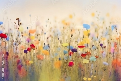 Colorful abstract flower meadow as panorama background. Generative AI