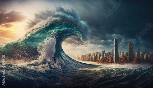 Tsunami hits modern city, giant sea waves attack tall buildings, generative AI
