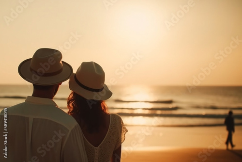 A couple in love looks at the sunset over the sea, view from the back. Generative AI © Tatiana