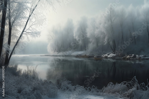  FROSTED LAKE WITH SNOWS AROUND DIGITAL ART © FarhanMohib