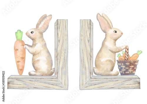 Schilderij op canvas Color illustration of two wooden bookends with figurines of sitting rabbits