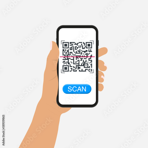 Man hand holding a phone and scanning QR code. Barcode scanner technology. Flat vector cartoon illustration. 