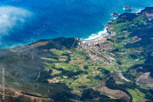 scenic aerial view to Bakio, a scenic town in Basque country, Spain and hotspot fpr surfers