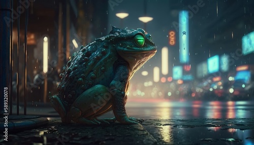Fotografie, Tablou Toad and frog guard in cyberpunk style, in the night city