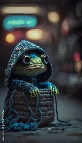 A cartoon toy frog sits on the road of a cyberpunk night city. Green cute toad knitted from yarn. Created with AI.