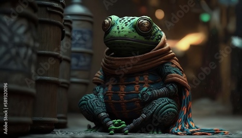 A cartoon toy frog sits on the road of a cyberpunk night city. Green cute toad knitted from yarn. Created with AI. © Ренат Хисматулин